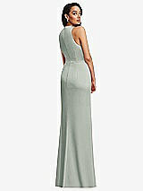 Rear View Thumbnail - Willow Green Pleated V-Neck Closed Back Trumpet Gown with Draped Front Slit