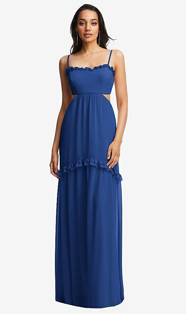 Front View - Classic Blue Ruffle-Trimmed Cutout Tie-Back Maxi Dress with Tiered Skirt