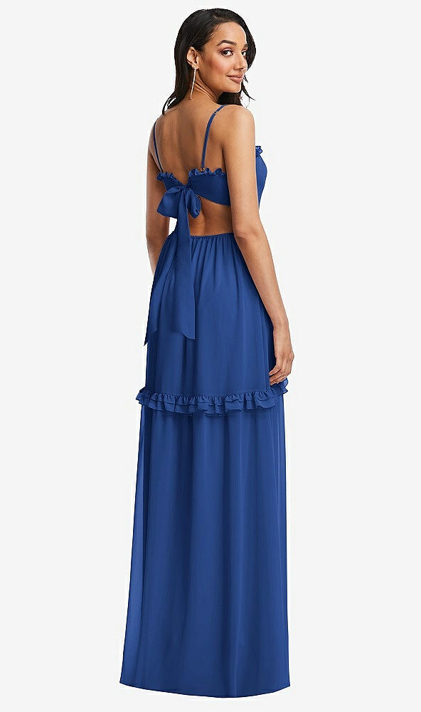 Back View - Classic Blue Ruffle-Trimmed Cutout Tie-Back Maxi Dress with Tiered Skirt