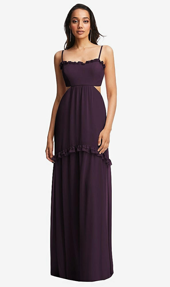 Front View - Aubergine Ruffle-Trimmed Cutout Tie-Back Maxi Dress with Tiered Skirt