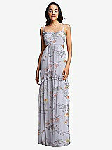 Front View Thumbnail - Butterfly Botanica Silver Dove Ruffle-Trimmed Cutout Tie-Back Maxi Dress with Tiered Skirt