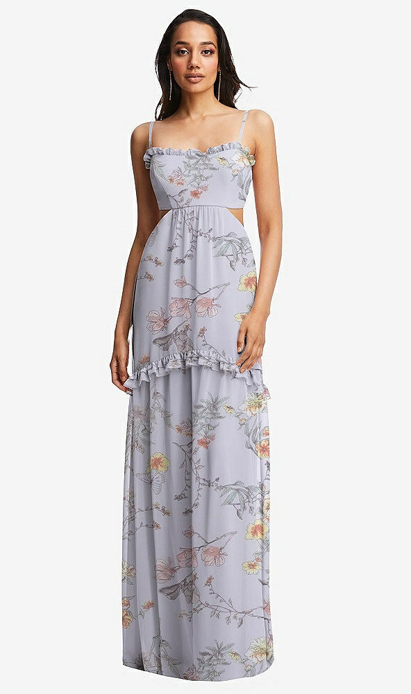 Front View - Butterfly Botanica Silver Dove Ruffle-Trimmed Cutout Tie-Back Maxi Dress with Tiered Skirt