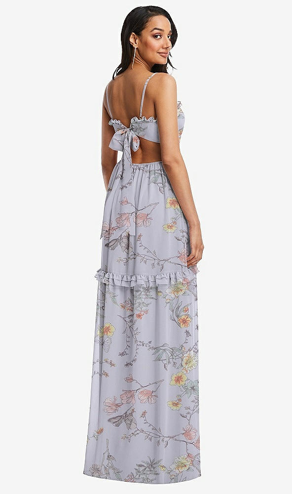 Back View - Butterfly Botanica Silver Dove Ruffle-Trimmed Cutout Tie-Back Maxi Dress with Tiered Skirt