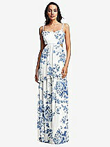Front View Thumbnail - Cottage Rose Dusk Blue Ruffle-Trimmed Cutout Tie-Back Maxi Dress with Tiered Skirt