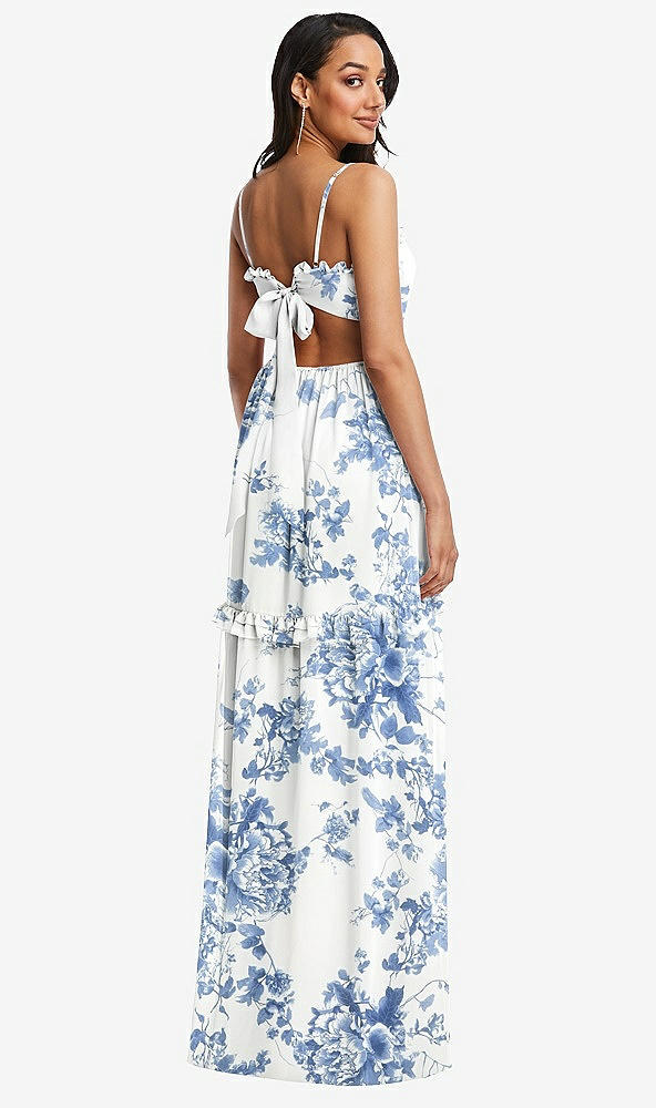 Back View - Cottage Rose Dusk Blue Ruffle-Trimmed Cutout Tie-Back Maxi Dress with Tiered Skirt
