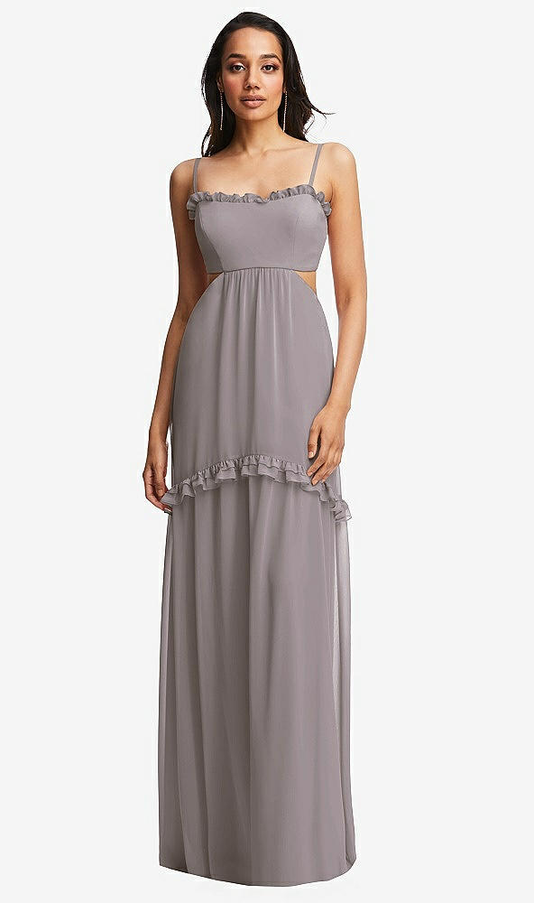 Front View - Cashmere Gray Ruffle-Trimmed Cutout Tie-Back Maxi Dress with Tiered Skirt