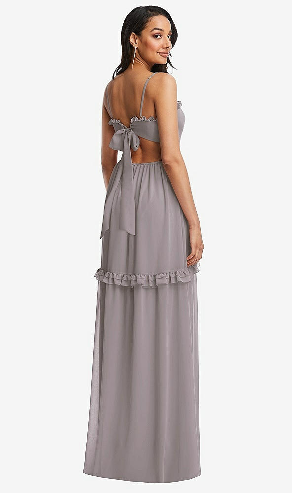 Back View - Cashmere Gray Ruffle-Trimmed Cutout Tie-Back Maxi Dress with Tiered Skirt