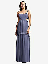 Front View Thumbnail - French Blue Ruffle-Trimmed Cutout Tie-Back Maxi Dress with Tiered Skirt