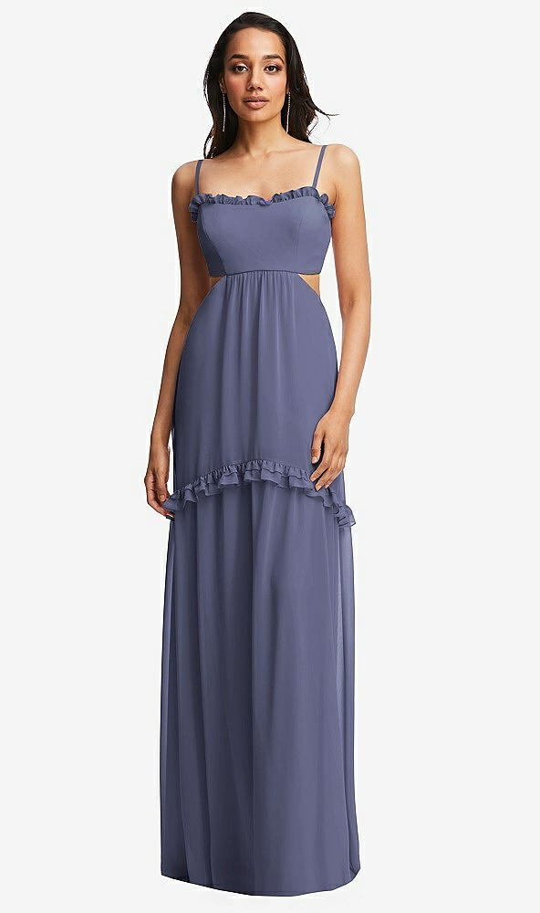 Front View - French Blue Ruffle-Trimmed Cutout Tie-Back Maxi Dress with Tiered Skirt