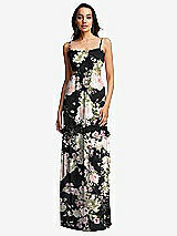 Front View Thumbnail - Noir Garden Ruffle-Trimmed Cutout Tie-Back Maxi Dress with Tiered Skirt