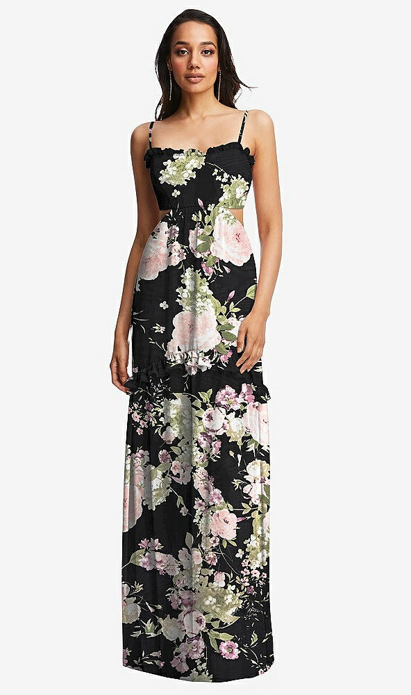 Front View - Noir Garden Ruffle-Trimmed Cutout Tie-Back Maxi Dress with Tiered Skirt