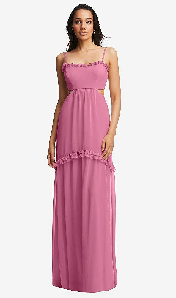 Front View - Orchid Pink Ruffle-Trimmed Cutout Tie-Back Maxi Dress with Tiered Skirt
