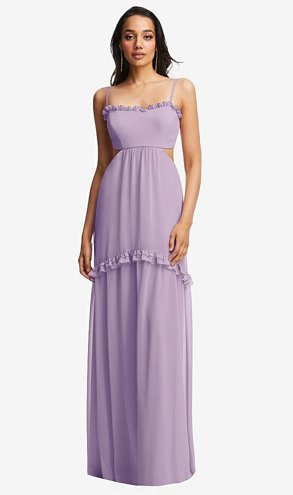 Front View - Pale Purple Ruffle-Trimmed Cutout Tie-Back Maxi Dress with Tiered Skirt
