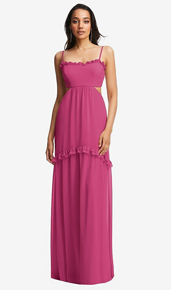 Front View - Tea Rose Ruffle-Trimmed Cutout Tie-Back Maxi Dress with Tiered Skirt