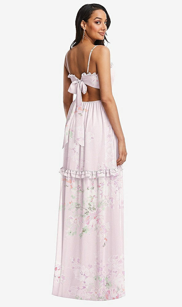 Back View - Watercolor Print Ruffle-Trimmed Cutout Tie-Back Maxi Dress with Tiered Skirt