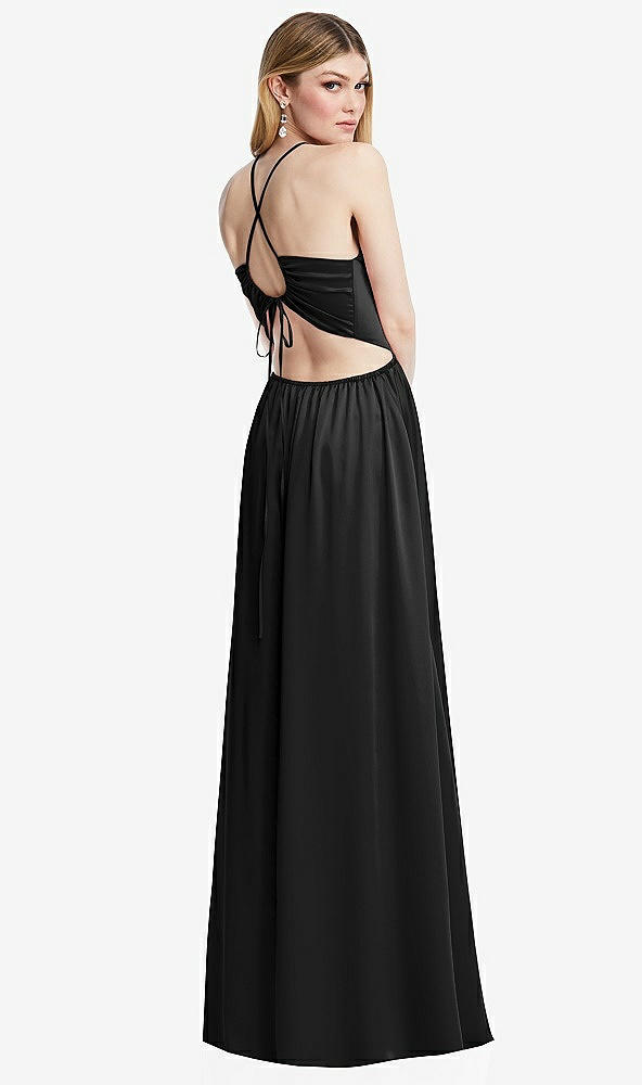 Back View - Black Halter Cross-Strap Gathered Tie-Back Cutout Maxi Dress