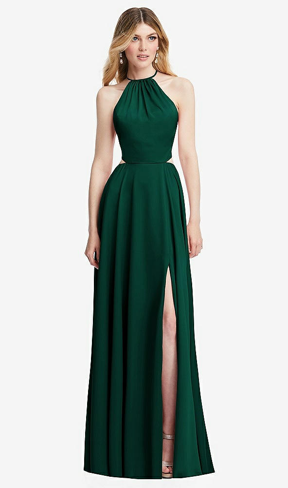 Front View - Hunter Green Halter Cross-Strap Gathered Tie-Back Cutout Maxi Dress