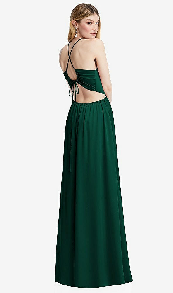 Back View - Hunter Green Halter Cross-Strap Gathered Tie-Back Cutout Maxi Dress