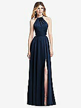 Front View Thumbnail - Midnight Navy Halter Cross-Strap Gathered Tie-Back Cutout Maxi Dress