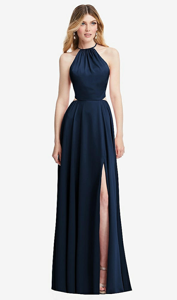 Front View - Midnight Navy Halter Cross-Strap Gathered Tie-Back Cutout Maxi Dress