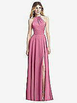 Front View Thumbnail - Orchid Pink Halter Cross-Strap Gathered Tie-Back Cutout Maxi Dress