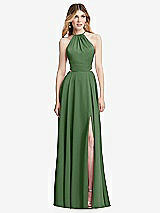 Front View Thumbnail - Vineyard Green Halter Cross-Strap Gathered Tie-Back Cutout Maxi Dress