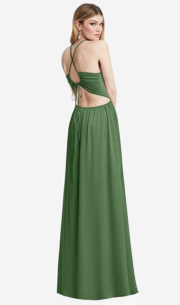 Back View - Vineyard Green Halter Cross-Strap Gathered Tie-Back Cutout Maxi Dress