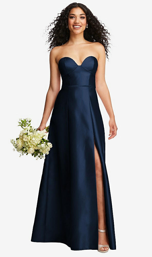 Front View - Midnight Navy Strapless Bustier A-Line Satin Gown with Front Slit