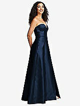 Side View Thumbnail - Midnight Navy Strapless Bustier A-Line Satin Gown with Front Slit