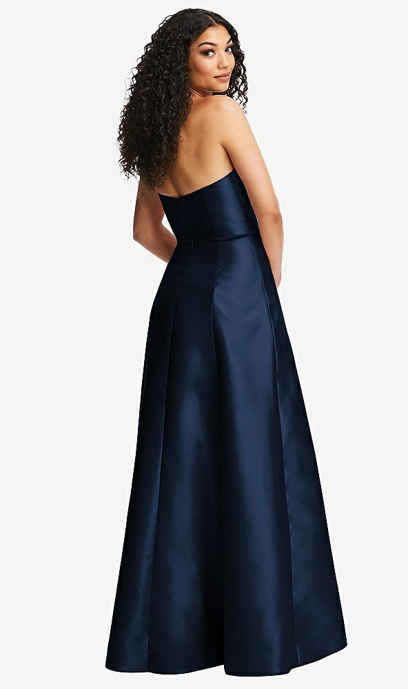 Back View - Midnight Navy Strapless Bustier A-Line Satin Gown with Front Slit