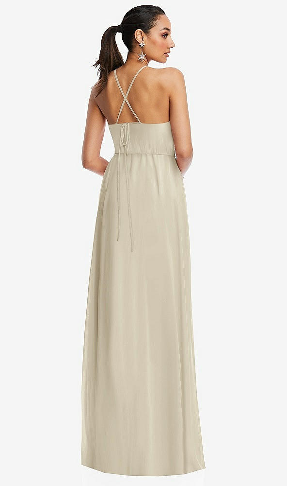 Back View - Champagne Plunging V-Neck Criss Cross Strap Back Maxi Dress