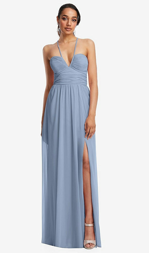 Front View - Cloudy Plunging V-Neck Criss Cross Strap Back Maxi Dress
