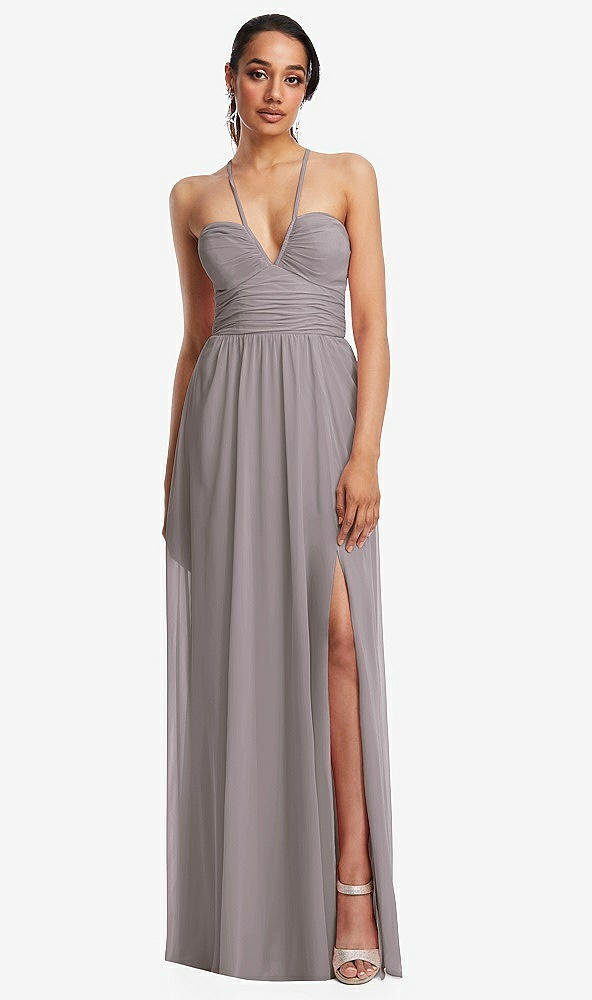 Front View - Cashmere Gray Plunging V-Neck Criss Cross Strap Back Maxi Dress