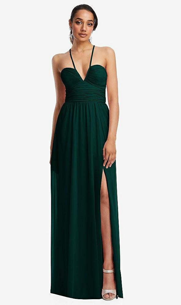 Front View - Evergreen Plunging V-Neck Criss Cross Strap Back Maxi Dress