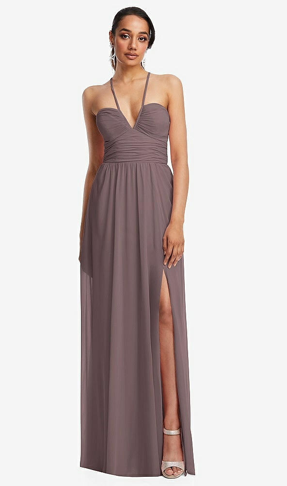 Front View - French Truffle Plunging V-Neck Criss Cross Strap Back Maxi Dress