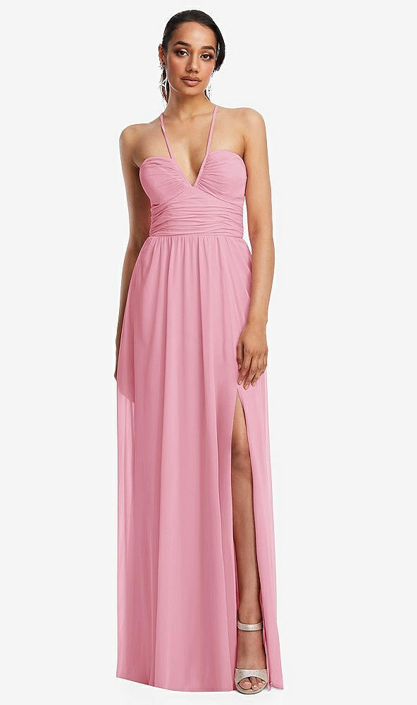 Front View - Peony Pink Plunging V-Neck Criss Cross Strap Back Maxi Dress