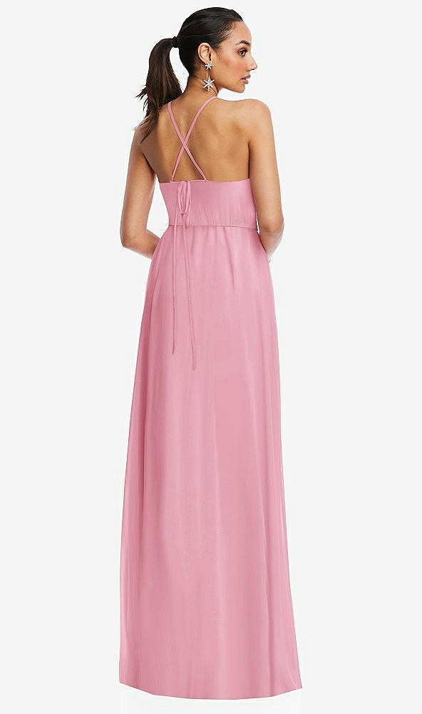 Back View - Peony Pink Plunging V-Neck Criss Cross Strap Back Maxi Dress