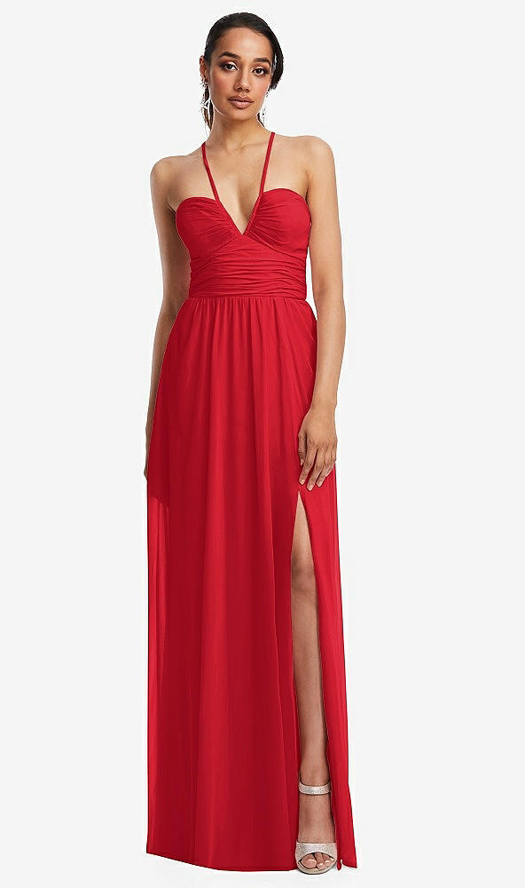 Front View - Parisian Red Plunging V-Neck Criss Cross Strap Back Maxi Dress