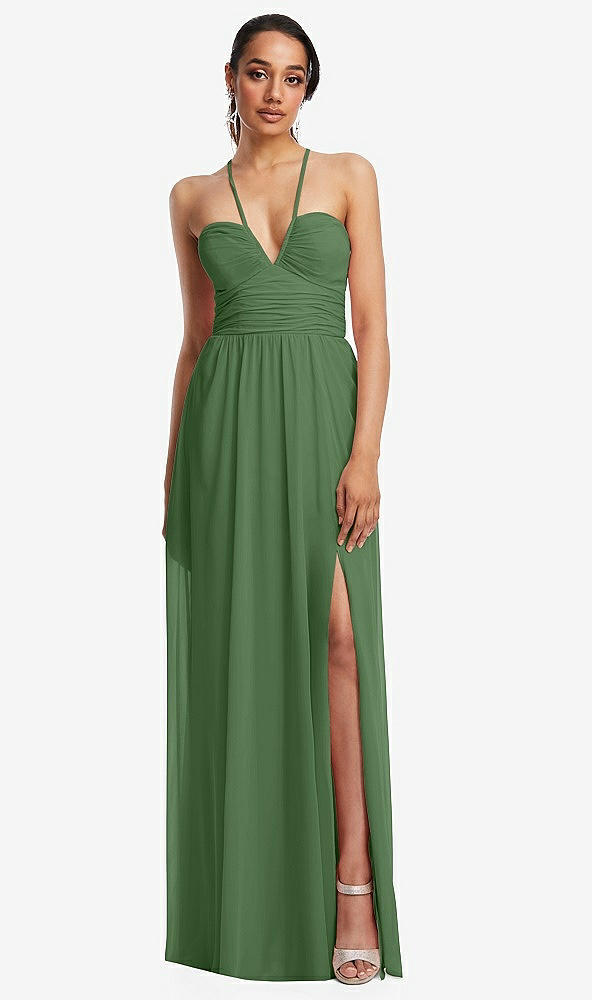 Front View - Vineyard Green Plunging V-Neck Criss Cross Strap Back Maxi Dress