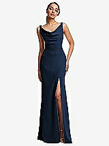 Front View Thumbnail - Midnight Navy Cowl-Neck Wide Strap Crepe Trumpet Gown with Front Slit