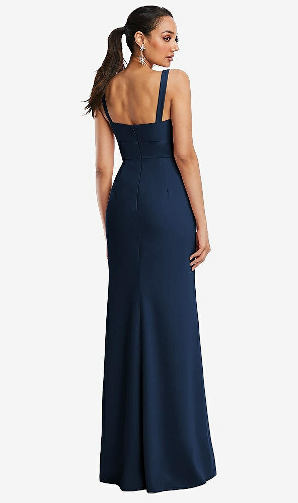 Back View - Midnight Navy Cowl-Neck Wide Strap Crepe Trumpet Gown with Front Slit