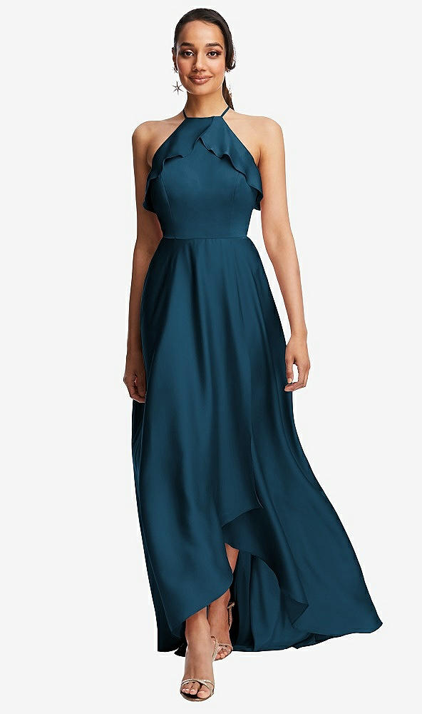 Front View - Atlantic Blue Ruffle-Trimmed Bodice Halter Maxi Dress with Wrap Slit