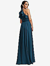Rear View Thumbnail - Atlantic Blue Ruffle-Trimmed Bodice Halter Maxi Dress with Wrap Slit