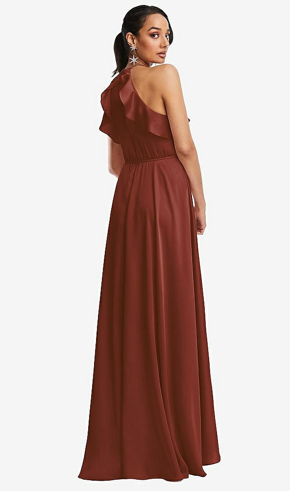 Back View - Auburn Moon Ruffle-Trimmed Bodice Halter Maxi Dress with Wrap Slit