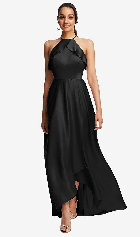Front View - Black Ruffle-Trimmed Bodice Halter Maxi Dress with Wrap Slit