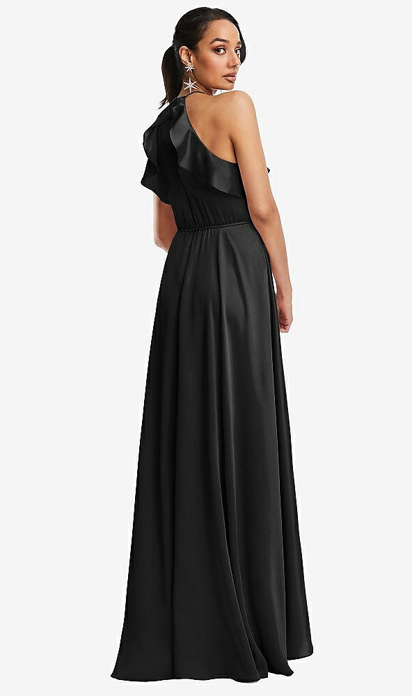 Back View - Black Ruffle-Trimmed Bodice Halter Maxi Dress with Wrap Slit