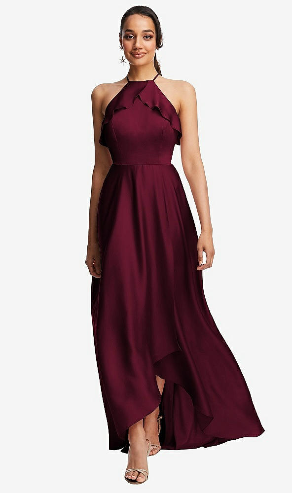 Front View - Cabernet Ruffle-Trimmed Bodice Halter Maxi Dress with Wrap Slit