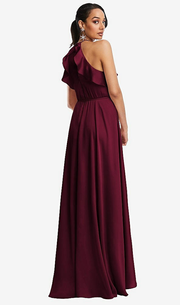 Back View - Cabernet Ruffle-Trimmed Bodice Halter Maxi Dress with Wrap Slit