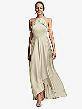 Front View Thumbnail - Champagne Ruffle-Trimmed Bodice Halter Maxi Dress with Wrap Slit