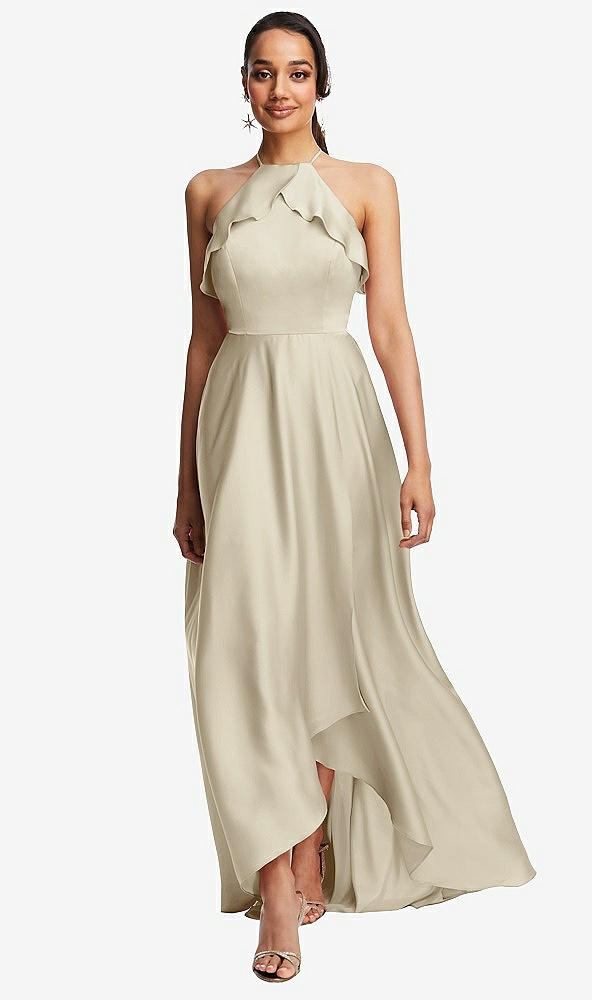 Front View - Champagne Ruffle-Trimmed Bodice Halter Maxi Dress with Wrap Slit
